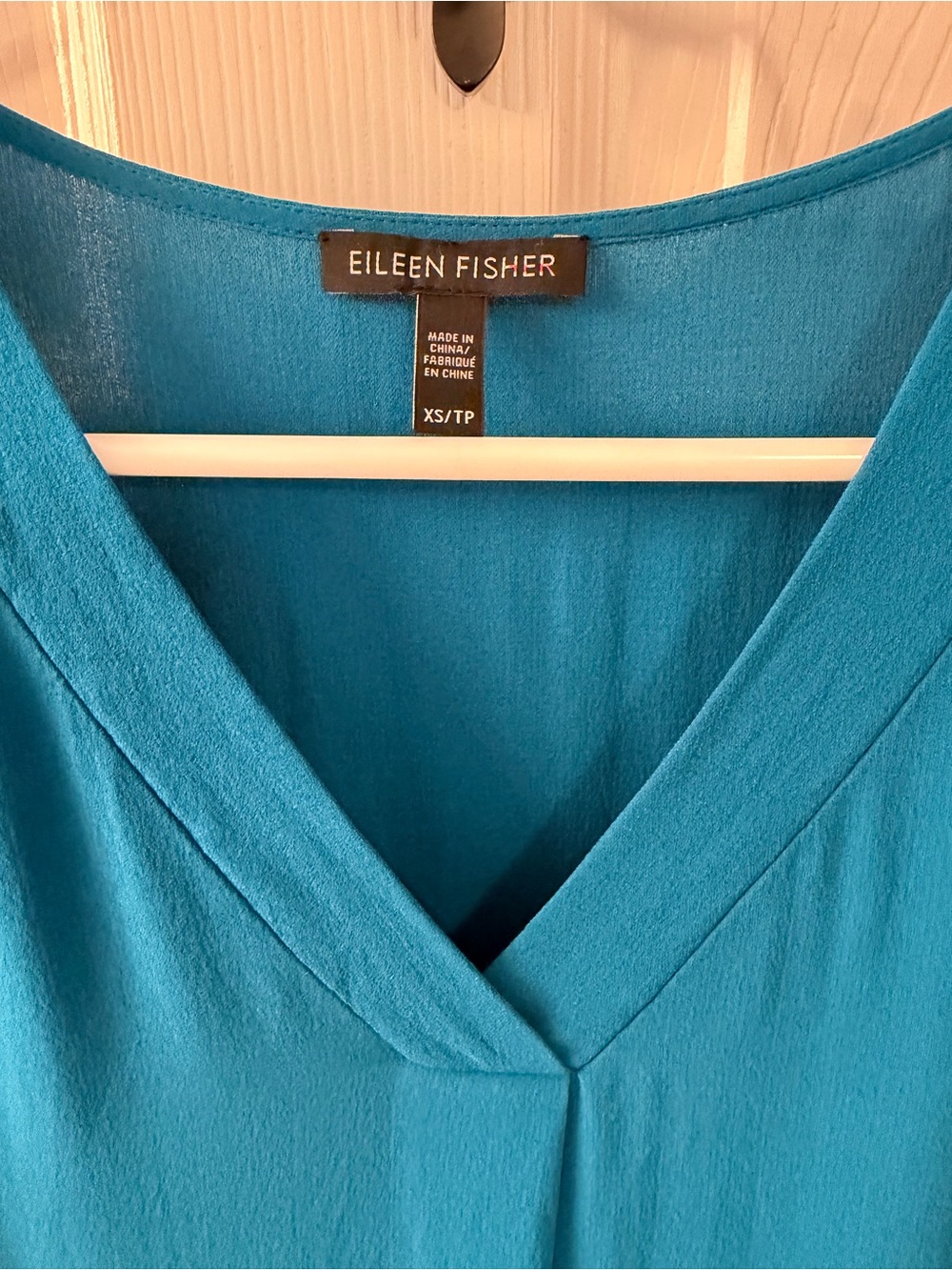 Eileen Fisher Silk Georgette Crepe V-Neck Pleat Shift Dress Teal Blue - Size XS - Picture 3 of 8